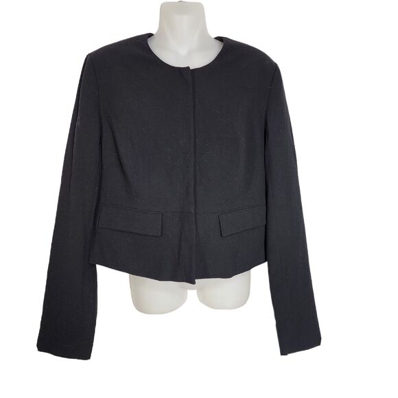 A New Day Womans Jacket Sz 8 Black Collarless Snap Front Crop Lined Shoulder Pad - Picture 1 of 10